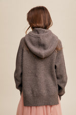 Detached Hood Button Front Knit Sweater in Mocha