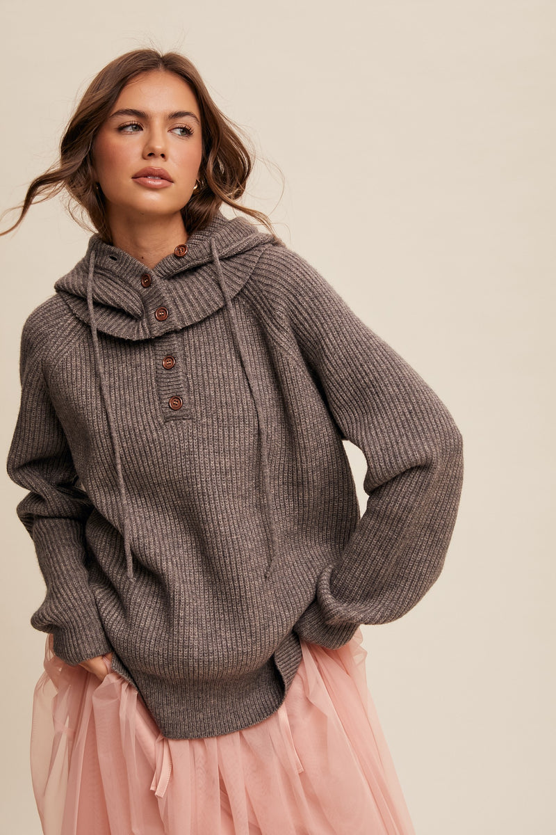 Detached Hood Button Front Knit Sweater in Mocha