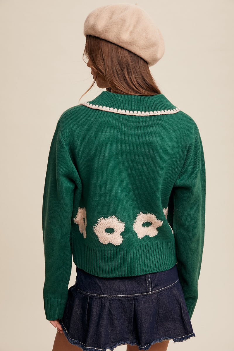 Green Contrast Knit Collared Cardigan