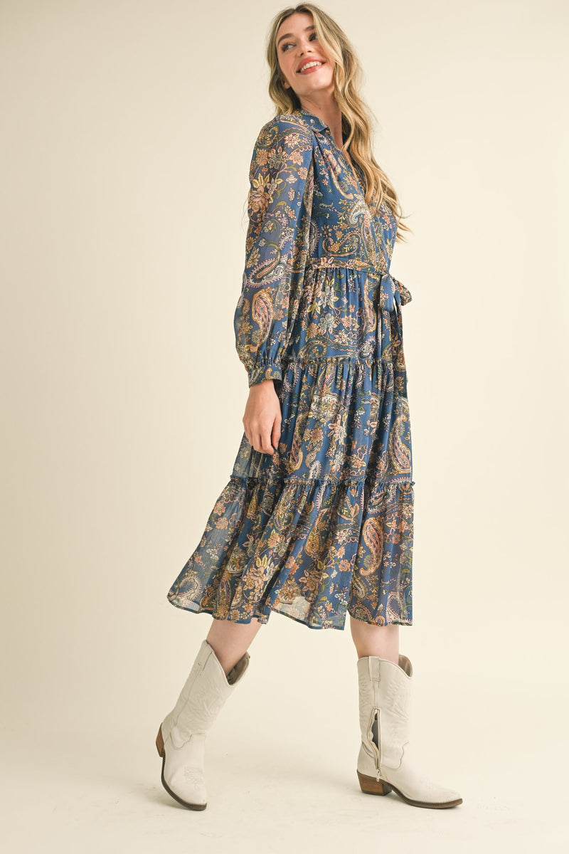 Paisley Print Midi Dress in Navy