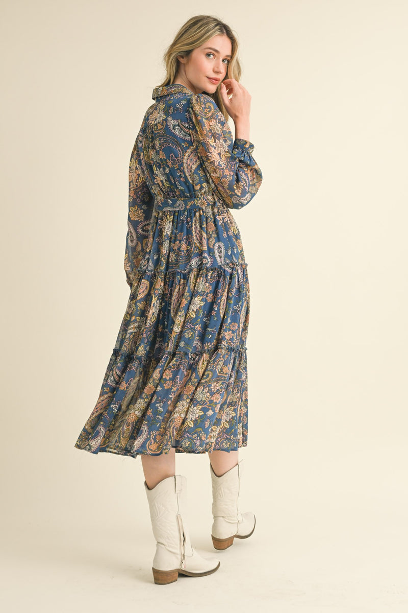 Paisley Print Midi Dress in Navy