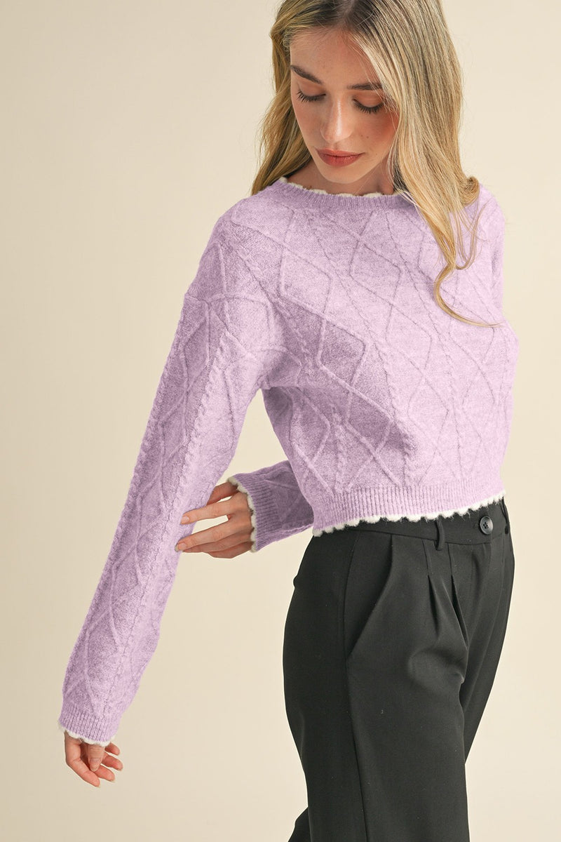 Light Lilac Cable Knit Cropped Sweater