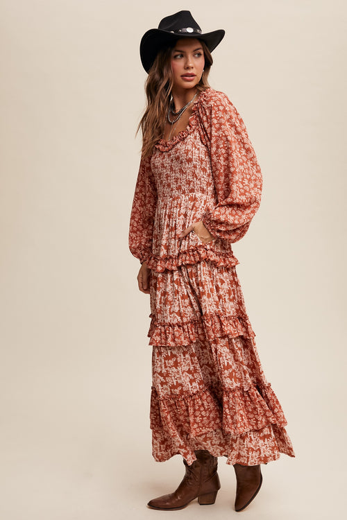 Contrast Floral Ruffle Tiered Midi Dress in Rust