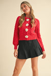 Red Knit Cardigan with Rosette Detail