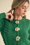 Green Knit Cardigan with Rosette Detail