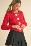 Red Knit Cardigan with Rosette Detail