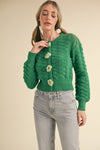 Green Knit Cardigan with Rosette Detail