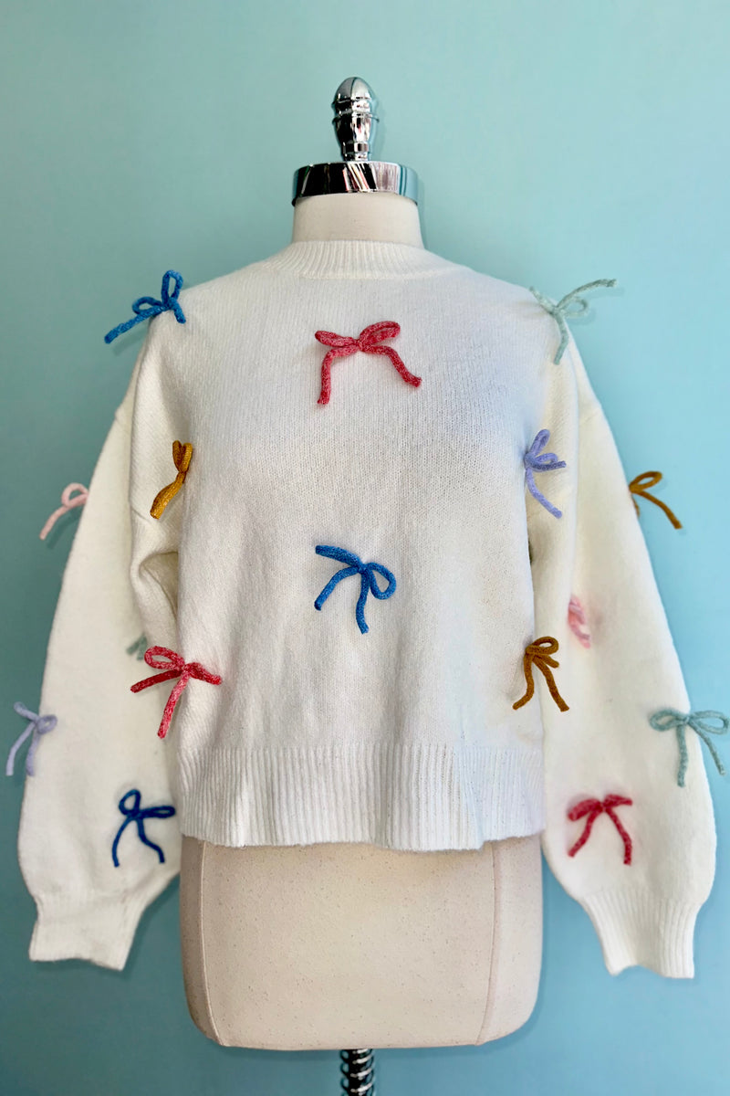 All Over Bow Knit Sweater in Ivory