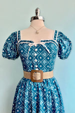 French Country Puff Sleeve Dress in Blue