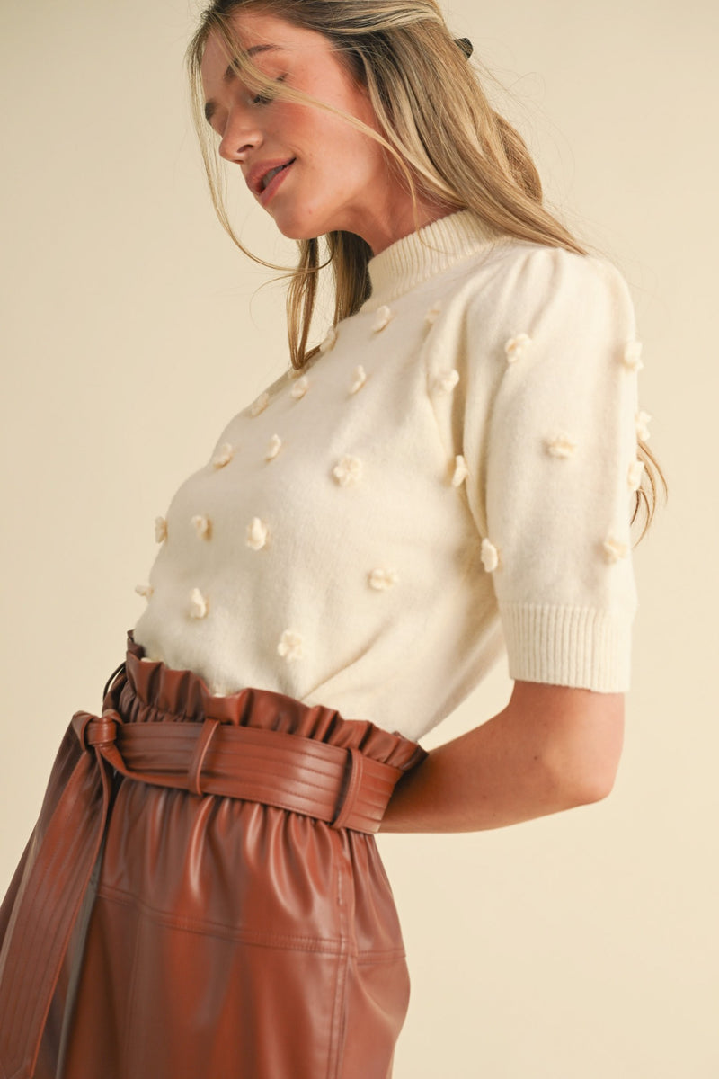 Ivory Short Sleeve Rosette Sweater