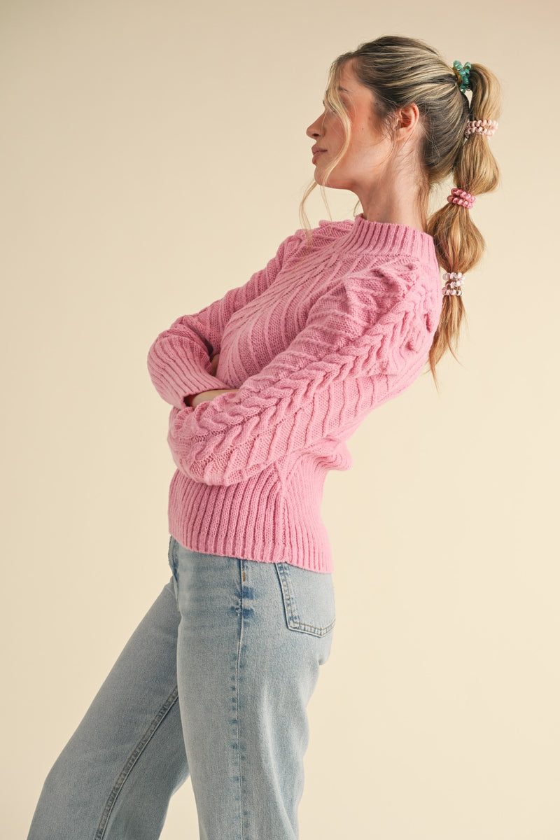 Dusty Pink Mock Neck Puff Sleeve Sweater - Main Image