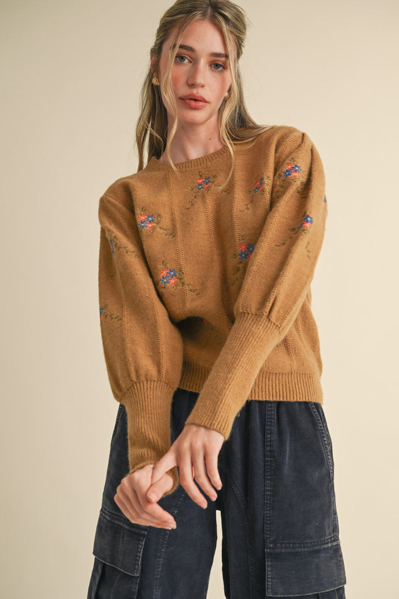 Taupe Embroidered Puff Sleeve Sweater