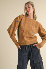 Taupe Embroidered Puff Sleeve Sweater