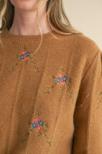 Taupe Embroidered Puff Sleeve Sweater