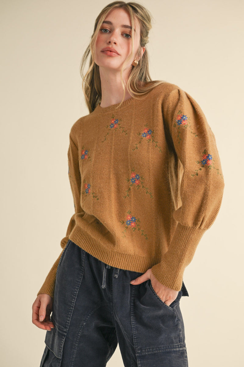 Taupe Embroidered Puff Sleeve Sweater