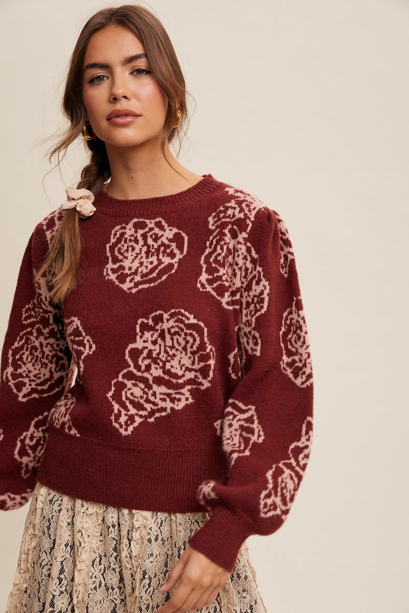 Crimson Floral Pullover Knit Sweater