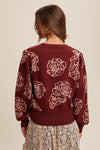 Crimson Floral Pullover Knit Sweater