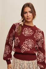 Crimson Floral Pullover Knit Sweater