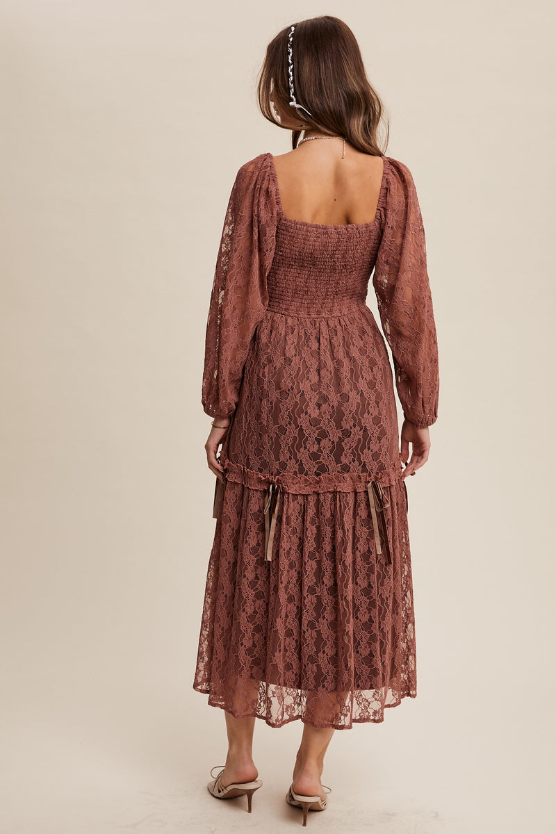 Rosewood Lace Tiered Midi Dress