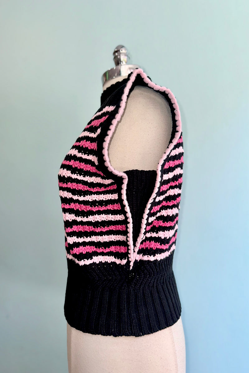 Black and Pink Contrast Stitch Sweater Vest