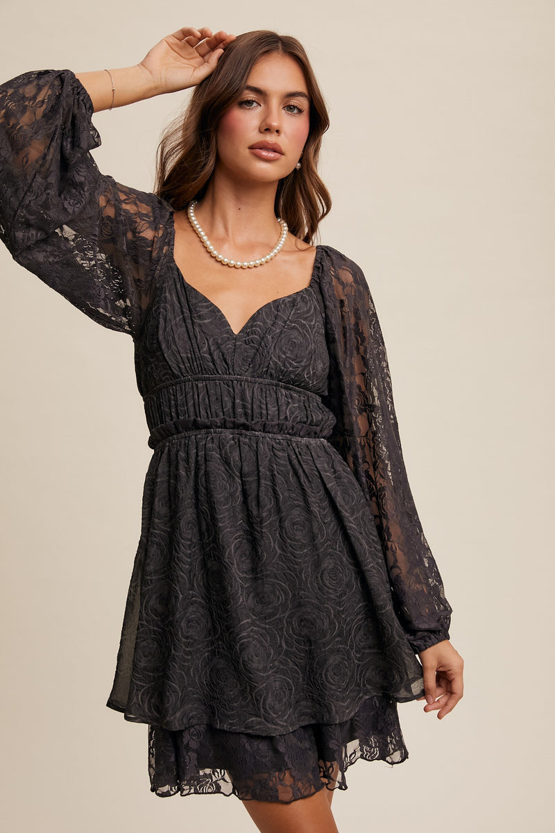 Charcoal Sweetheart Lace Sleeve Mini Dress