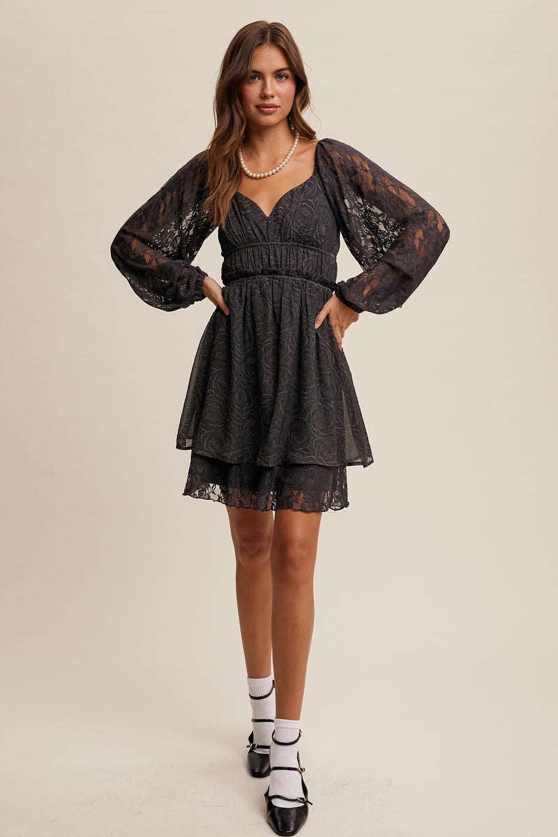 Charcoal Sweetheart Lace Sleeve Mini Dress