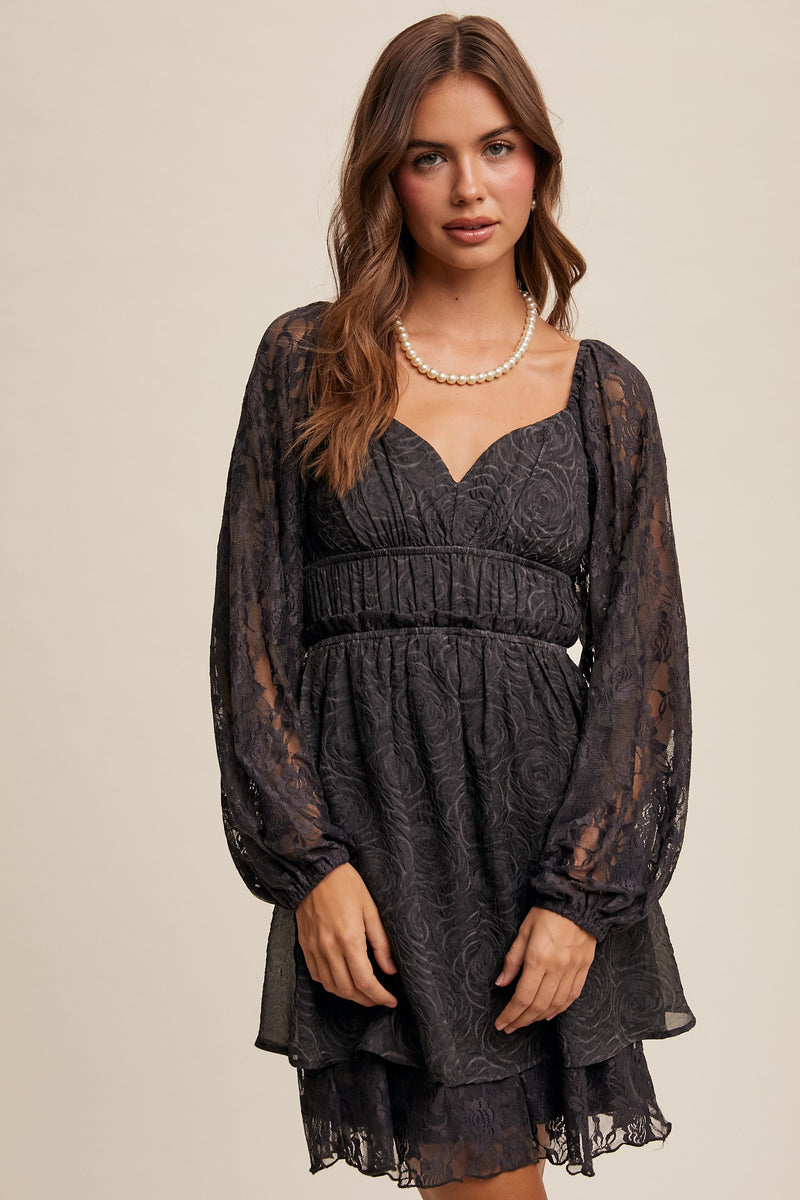 Charcoal Sweetheart Lace Sleeve Mini Dress