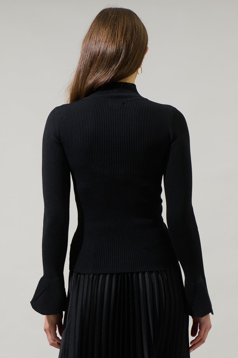 Black Mock Neck Sweater with Scalloped Sleeves