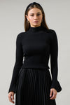 Black Mock Neck Sweater with Scalloped Sleeves