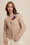 Oatmeal Flower Detail Cable Knit Button Front Cardigan