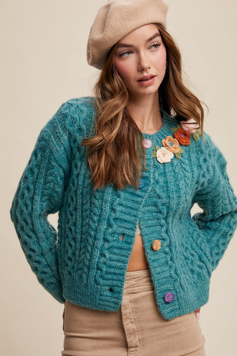 Jade Flower Detail Cable Knit Button Front Cardigan