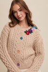 Oatmeal Flower Detail Cable Knit Button Front Cardigan