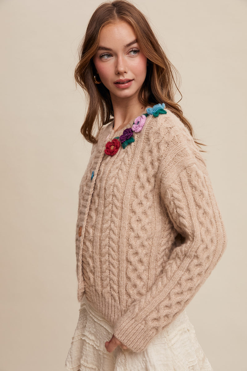 Oatmeal Flower Detail Cable Knit Button Front Cardigan