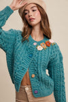 Jade Flower Detail Cable Knit Button Front Cardigan