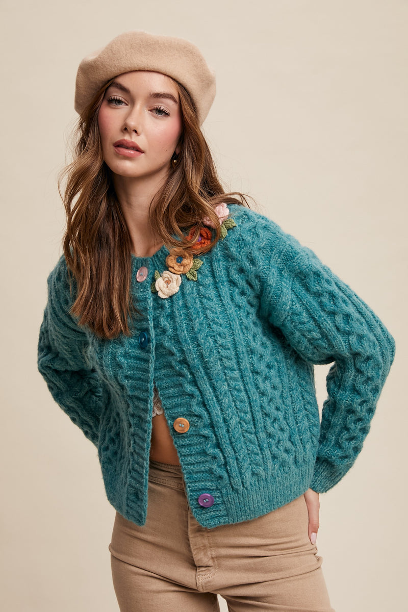 Jade Flower Detail Cable Knit Button Front Cardigan