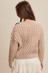 Oatmeal Flower Detail Cable Knit Button Front Cardigan