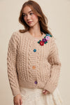 Oatmeal Flower Detail Cable Knit Button Front Cardigan