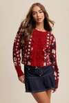 Red Flower Print Puff Sleeve Cardigan