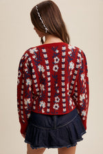 Red Flower Print Puff Sleeve Cardigan