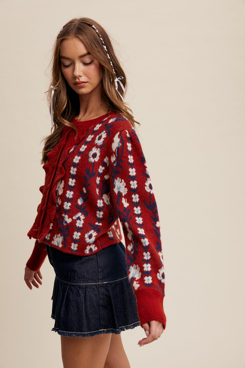 Red Flower Print Puff Sleeve Cardigan