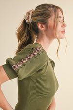 Olive Crochet Floral Short Sleeve Sweater