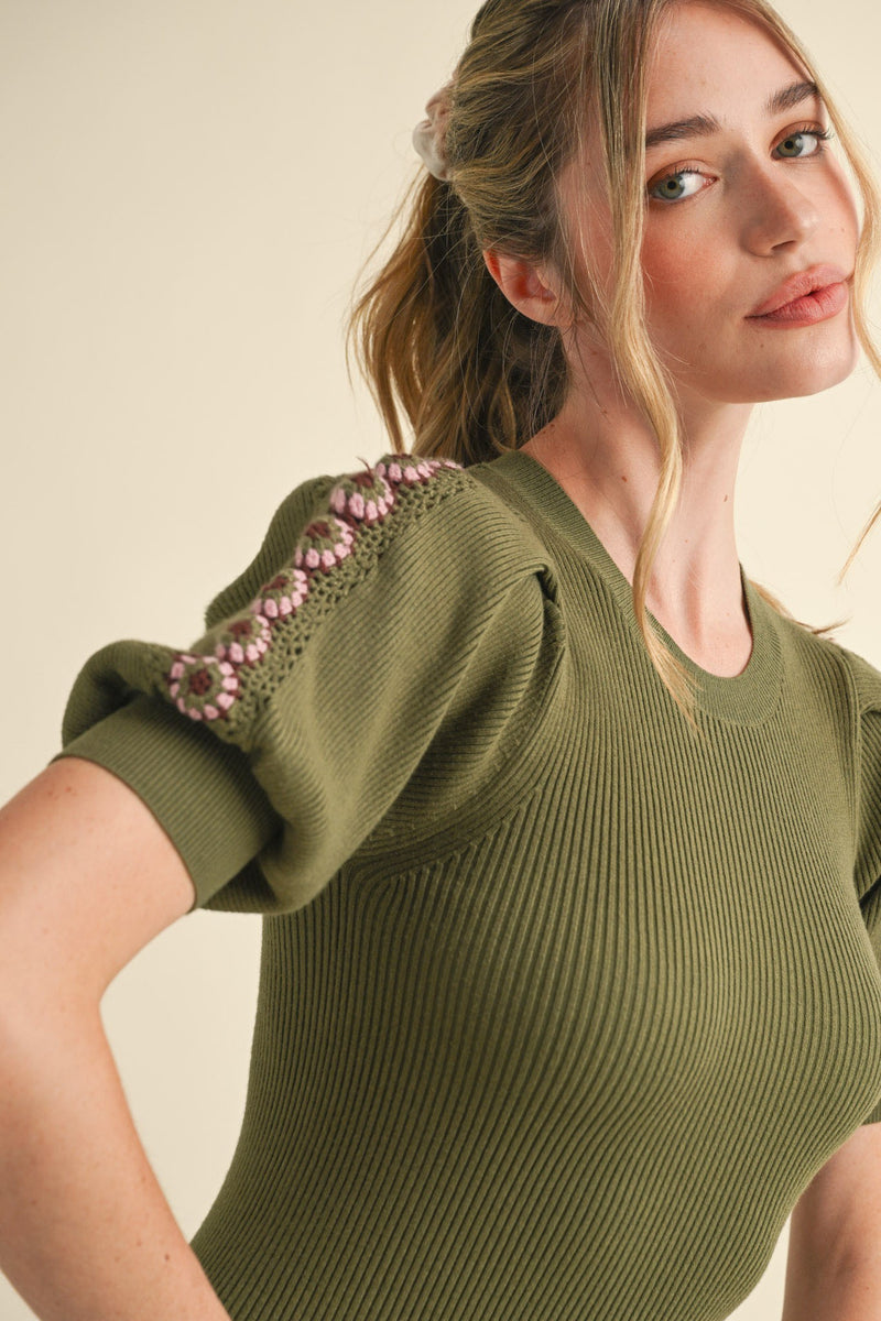 Olive Crochet Floral Short Sleeve Sweater