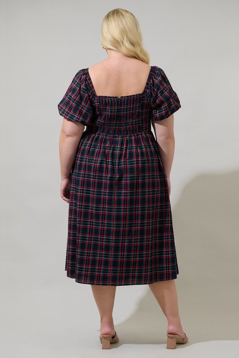 Navy Plaid Alessi Puff Sleeve Midi Dress 3X-Large Navy Plaid Alessi Puff Sleeve Midi Dress 3X-Large