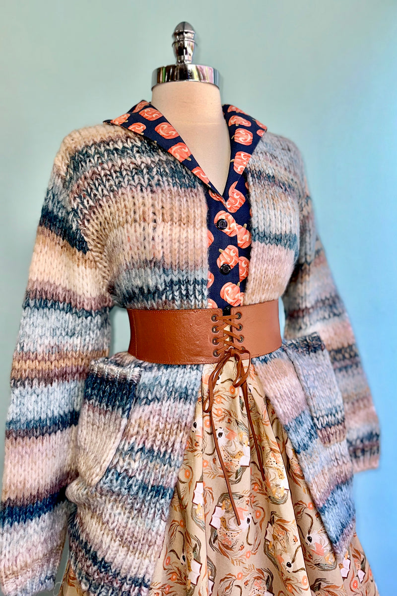 Chunky Knit Open Cardigan in Blue and Tan by Molly Bracken