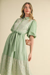 Striped Eyelet Button Down Dress in Green