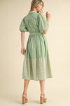 Striped Eyelet Button Down Dress in Green