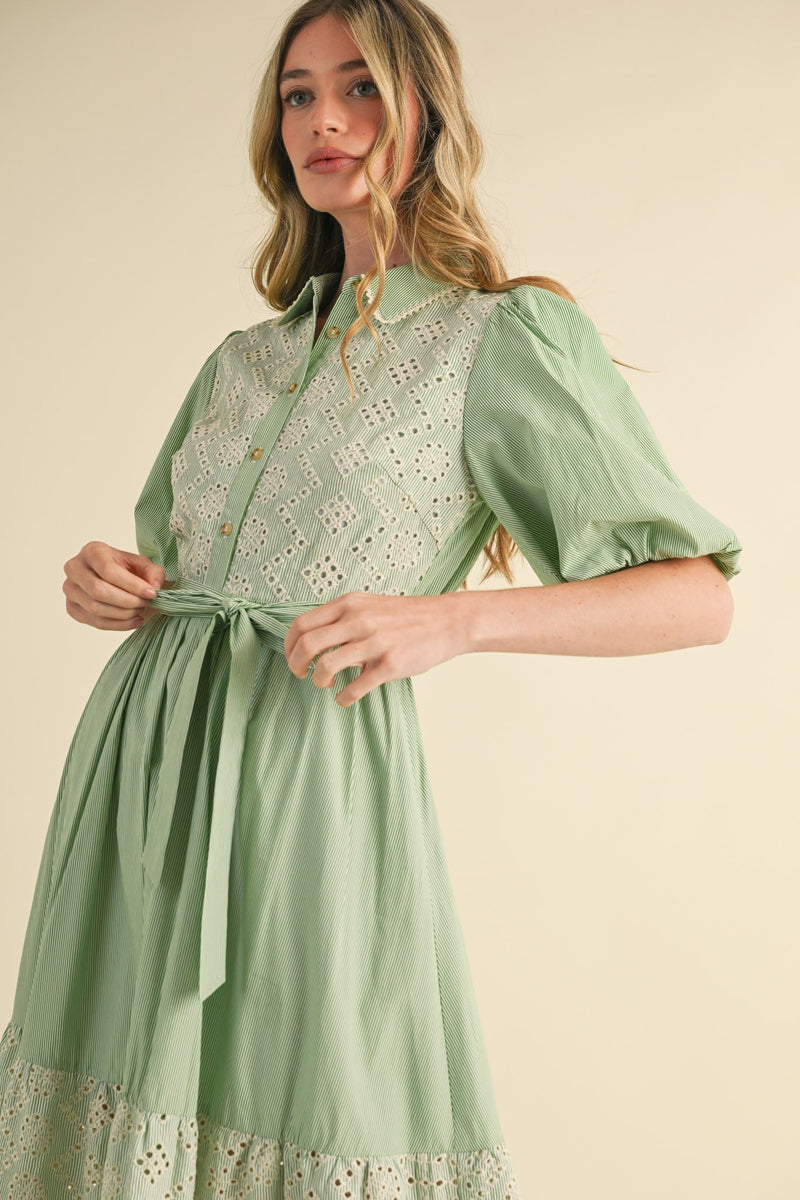 Striped Eyelet Button Down Dress in Green