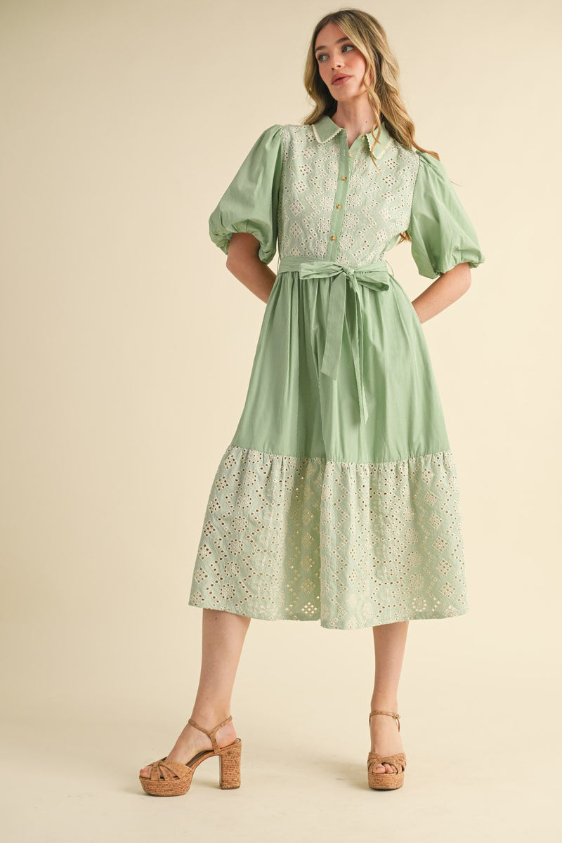 Striped Eyelet Button Down Dress in Green