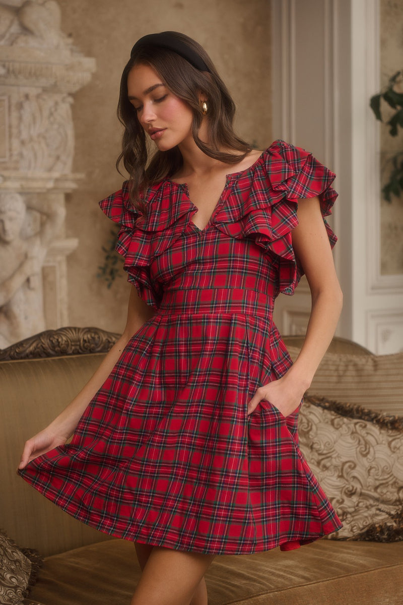 Red Plaid Ruffle Sleeve Wilma Mini Dress