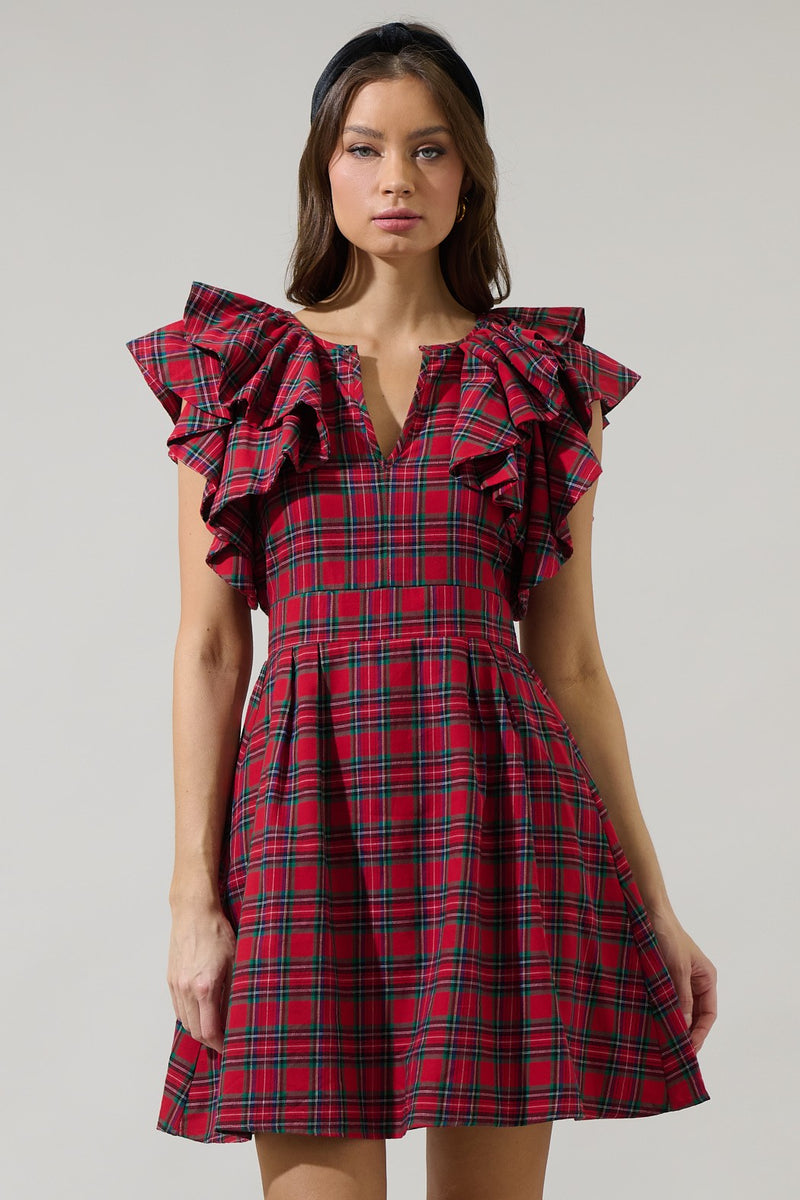 Red Plaid Ruffle Sleeve Wilma Mini Dress – Modern Millie